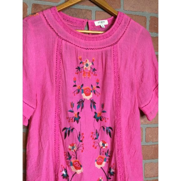 Umgee Womens Pink Embroidered Floral Blouse Short Sleeve Keyhole Size M - Picture 2 of 10